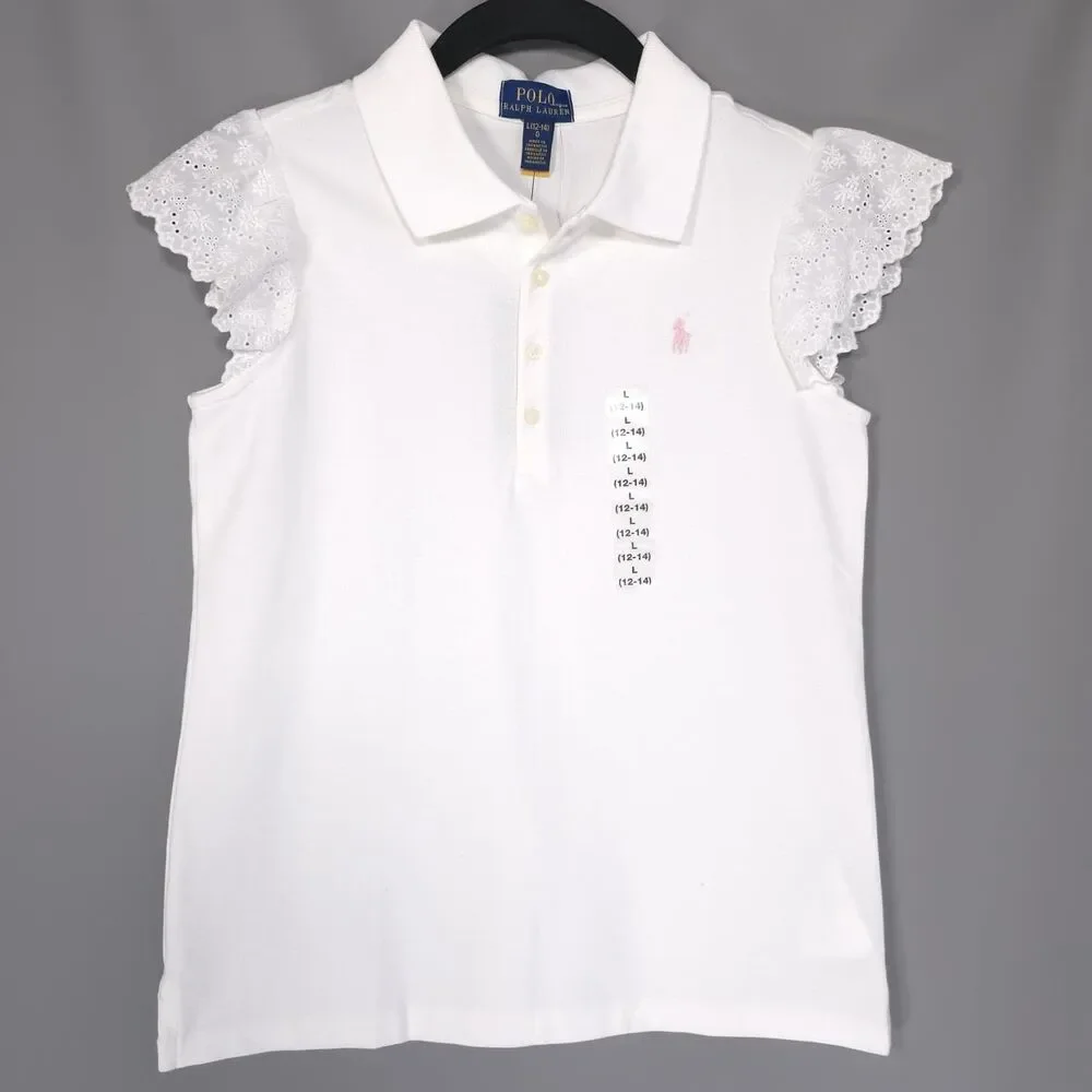 POLO RALPH LAUREN Kids Girls New Polo Shirt LARGE 12-14 White Flutter Sleeve‎